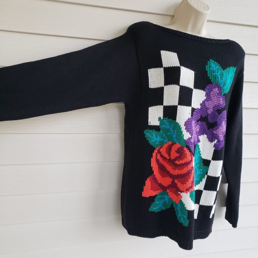 Vintage 80s Hand Loomed Jimmy Garcia New York Sweater floral with checkerboard - Picture 2 of 5